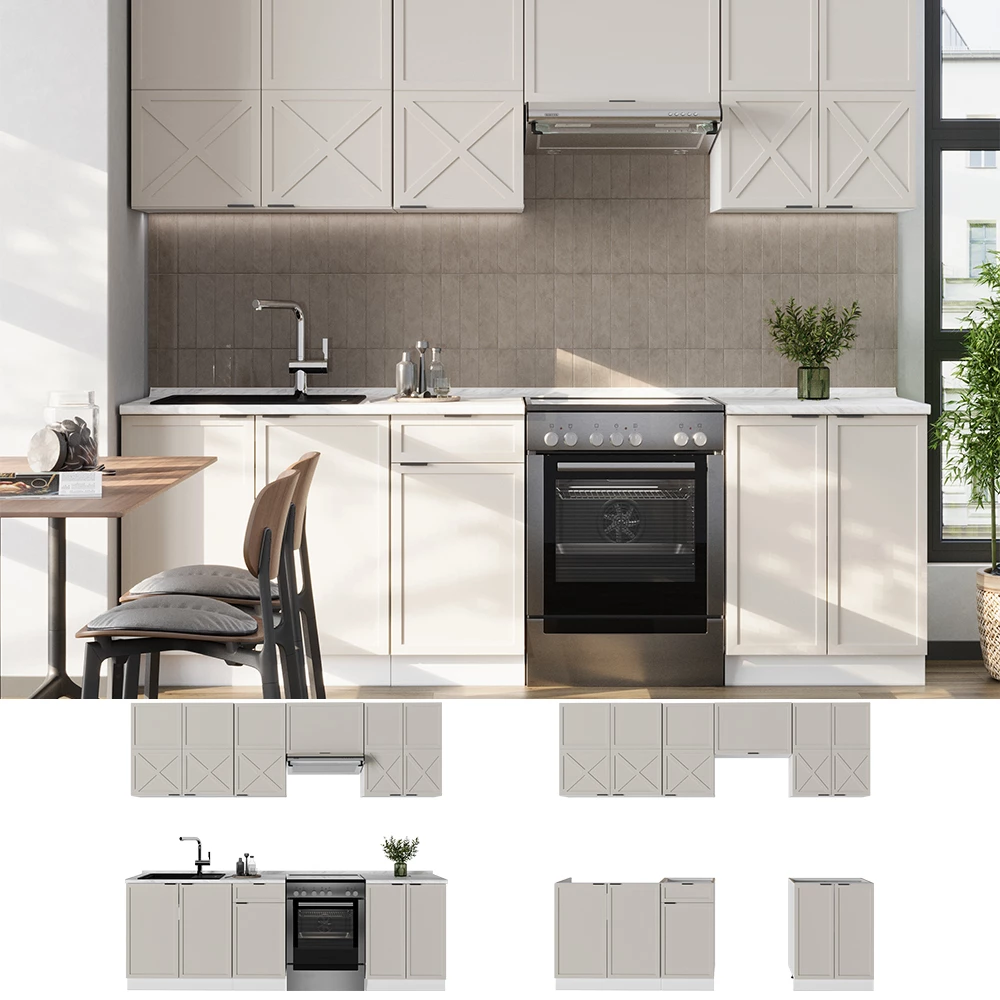 Cuisine en GrisBeige/Blanc, présenté dans un décor ambiant et sur fond blanc