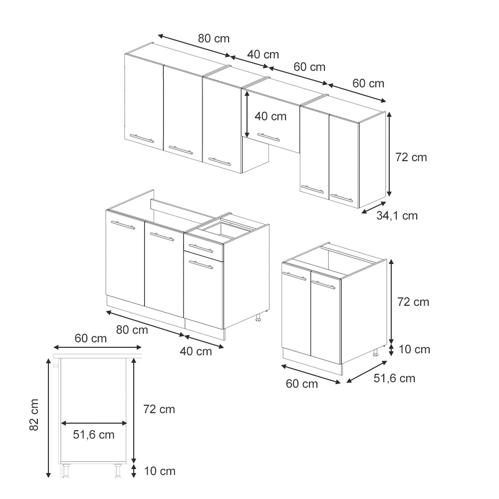 Cuisine en GrisBeige/Anthracite sur fond blanc avec dimensions visibles