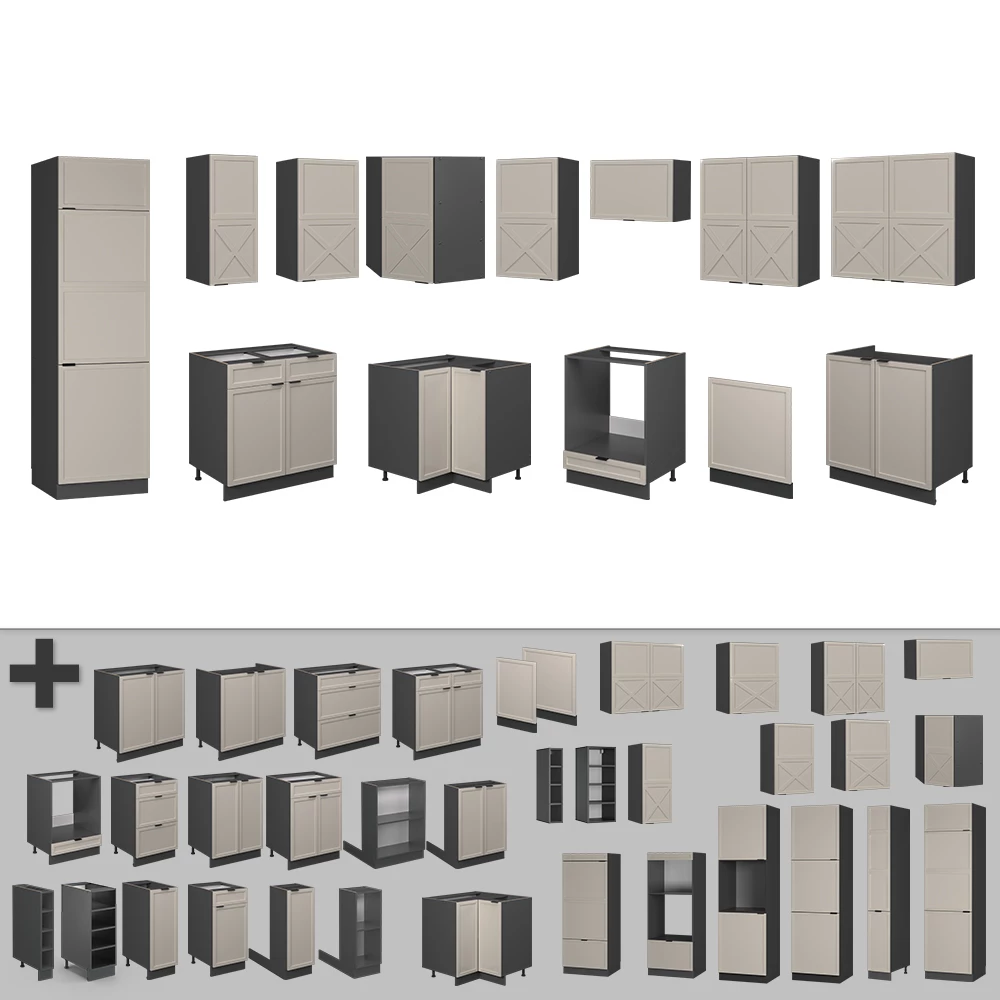 Gros plan de Cuisine en angle en GrisBeige/Anthracite, montrant le design et les détails de surface