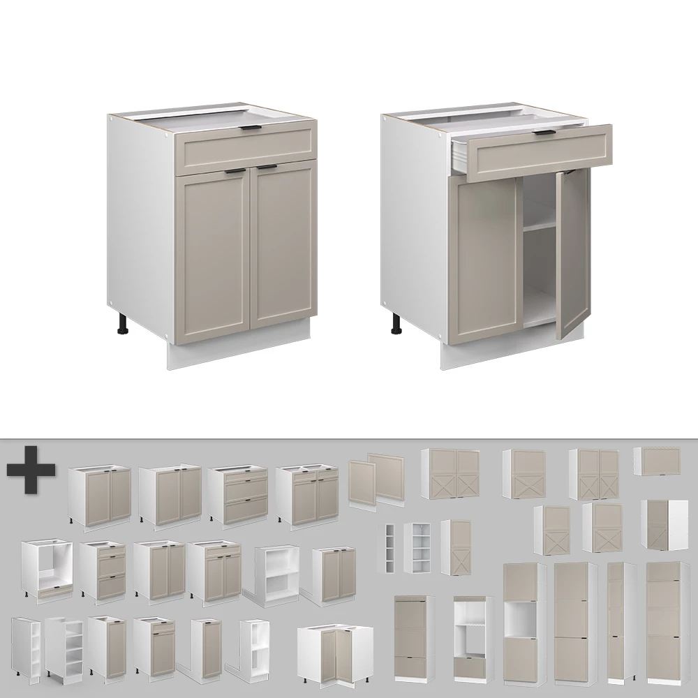 Nahaufnahme von Küchenunterschrank in GrauBeige, zeigt Design- und Oberflächendetails