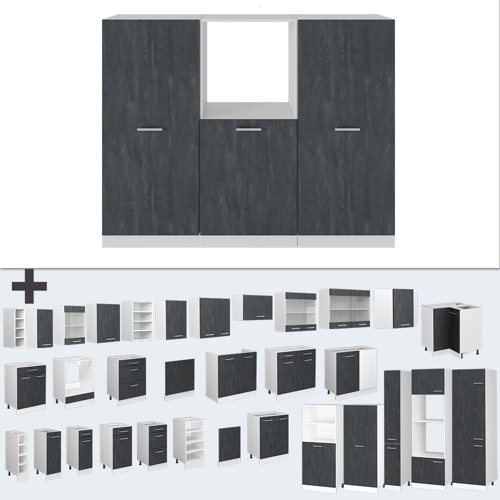 Vicco Einbauküche aus der R-Line Schwarz Beton/Weiß 180 cm ohne Arbeitsplatte, R-Line