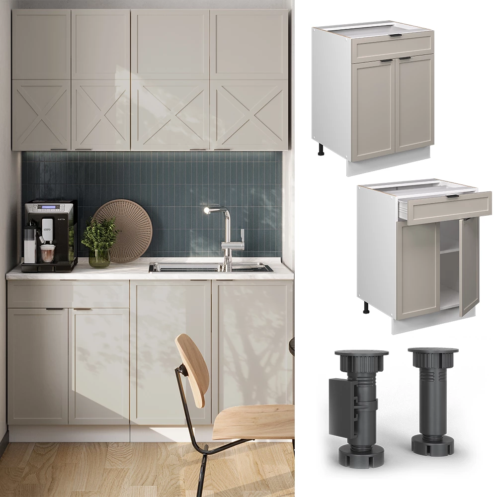 Küchenunterschrank in GrauBeige, dargestellt im Ambiente mit Dekoration