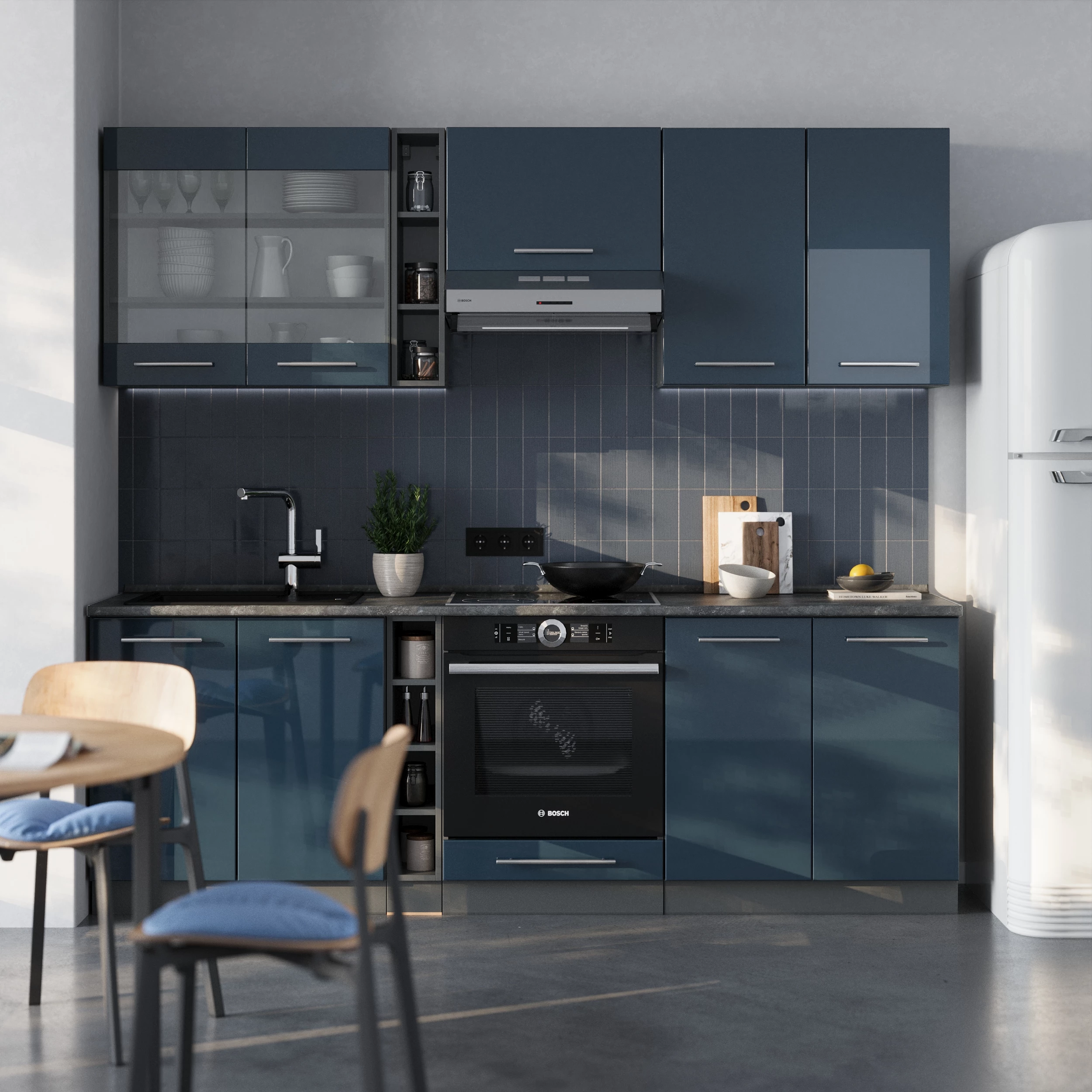 Kitchenette in Albastru închis strălucitor/antracit on white background
