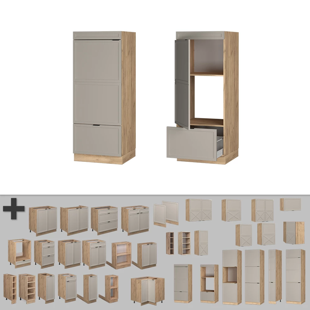 Nahaufnahme von Mikrowellenschrank in GrauBeige, zeigt Textur/Details