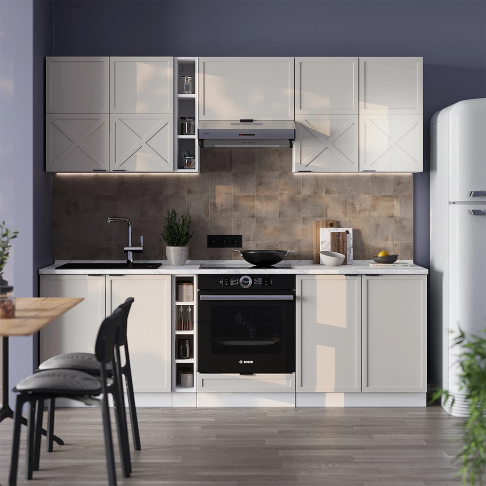 Čajna kuhinja u boji GrauBeige/Weiß na bijeloj pozadini