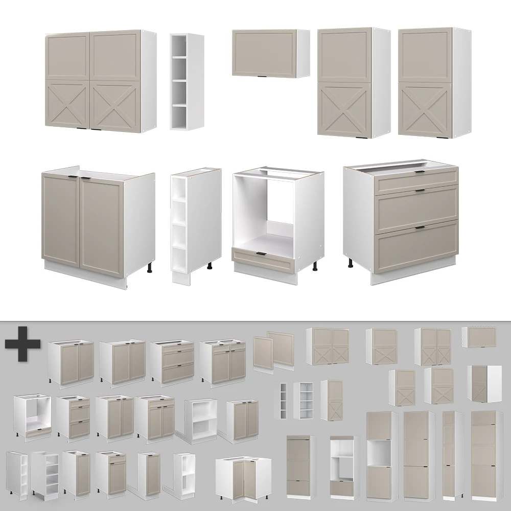 Nahaufnahme von Küchenzeile in GrauBeige/Weiß, zeigt Design- und Oberflächendetails