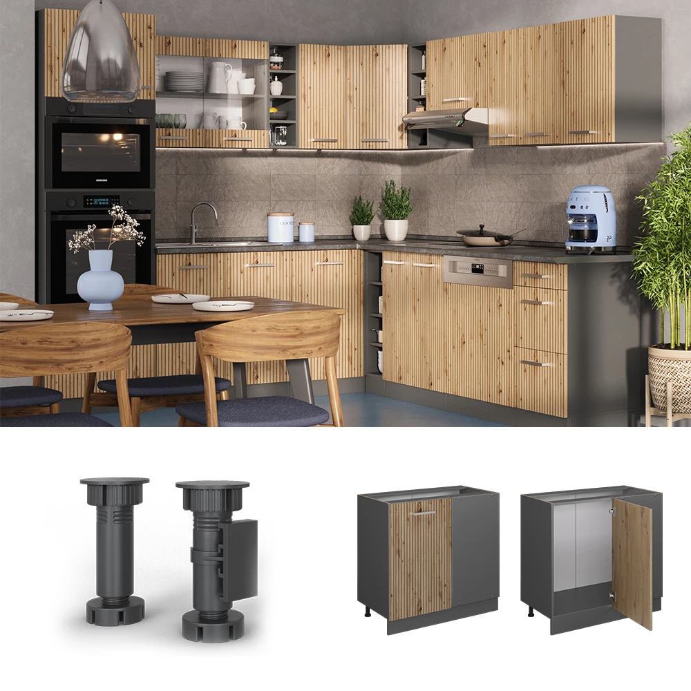 Eckunterschrank in Artisan-Eiche, dargestellt im Ambiente und auf weißem Hintergrund