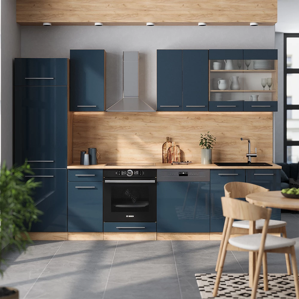 Vicco Cuisine bleu foncé brillant/chêne doré 300cm , PT Chêne, Fame-Line