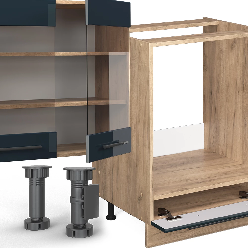 Vicco Küchenzeile Dunkelblau Hochglanz/Goldkraft Eiche 300 cm , AP Marmor, Fame-Line