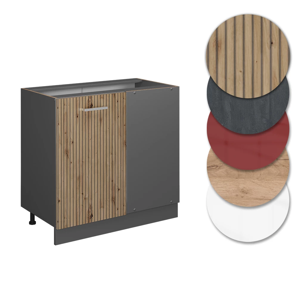 Nahaufnahme von Eckunterschrank in Artisan-Eiche, zeigt Design- und Oberflächendetails