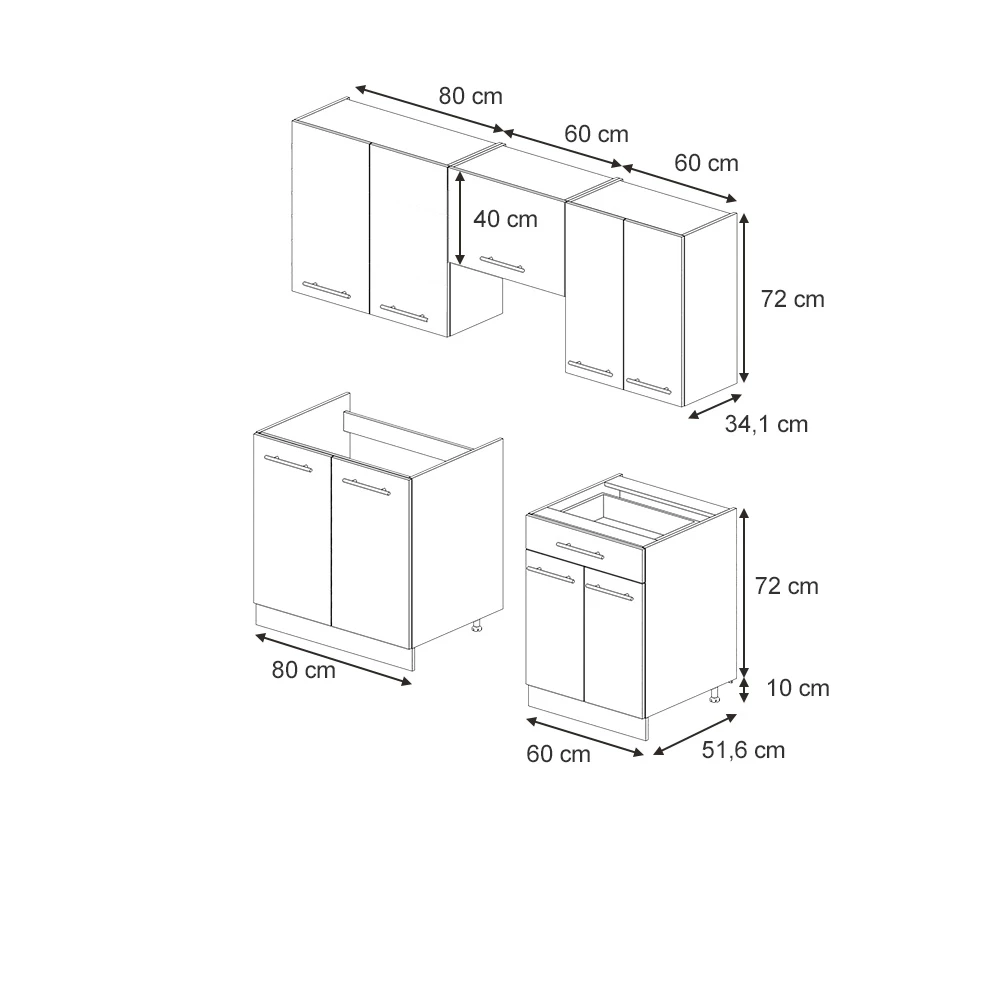 Cuisine en GrisBeige/Anthracite sur fond blanc avec dimensions visibles