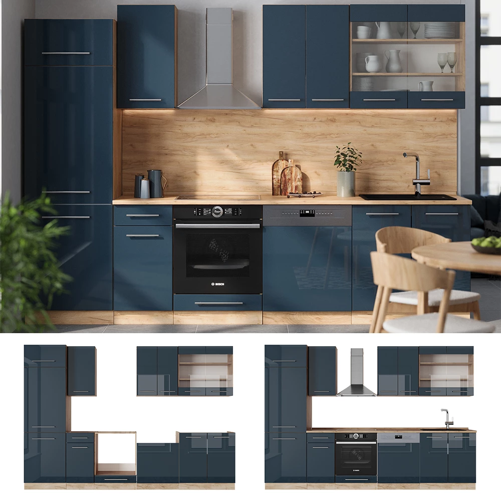 Vicco Küchenzeile Dunkelblau Hochglanz/Goldkraft Eiche 300 cm , AP Marmor, Fame-Line