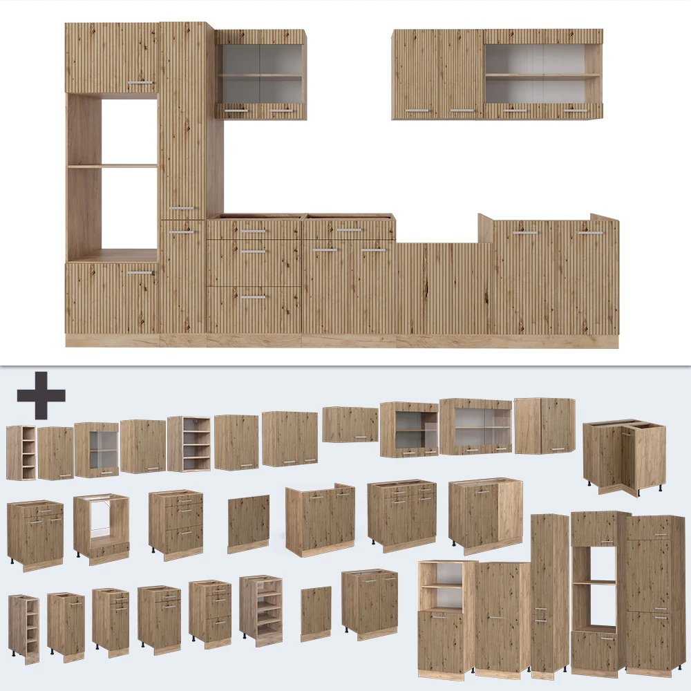 Nahaufnahme von Küchenzeile in Artisan-Eiche/Goldkraft Eiche, zeigt Design- und Oberflächendetails
