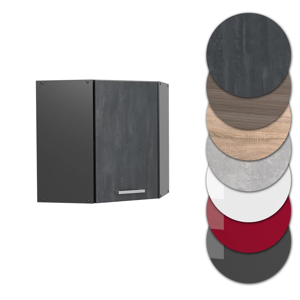 Nahaufnahme von Eckhängeschrank in Schwarz Beton, zeigt Design- und Oberflächendetails