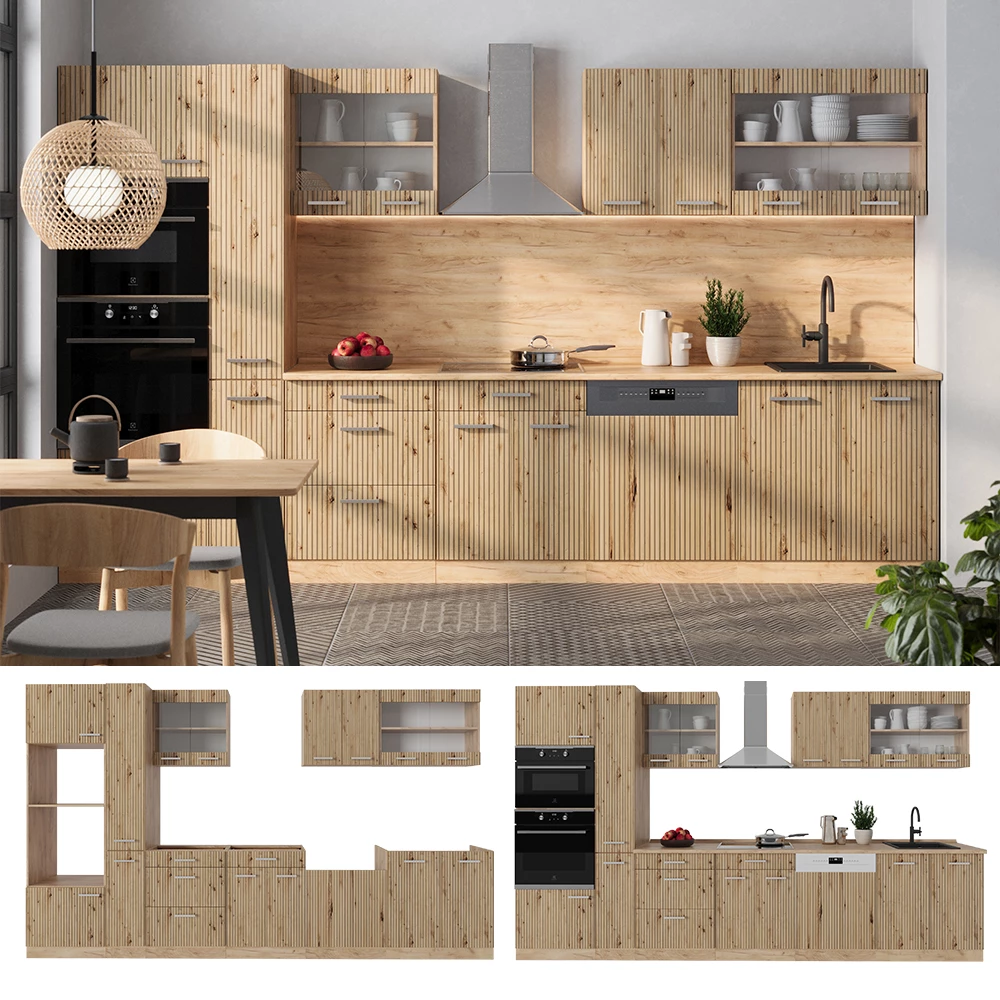 Küchenzeile R-Line Artisan-Eiche/Goldkraft Eiche 350 cm mit Hochschrank, AP Anthrazit livinity®