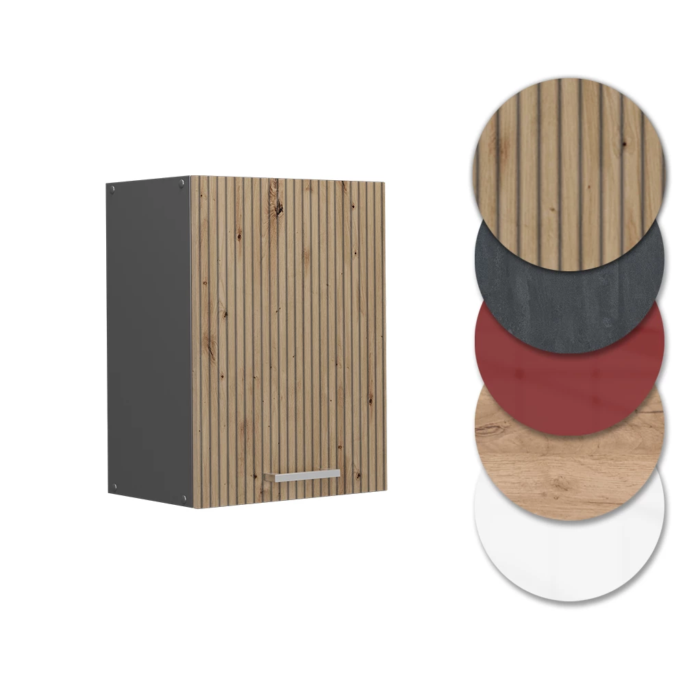 Nahaufnahme von Hängeschrank in Artisan-Eiche, zeigt Design- und Oberflächendetails