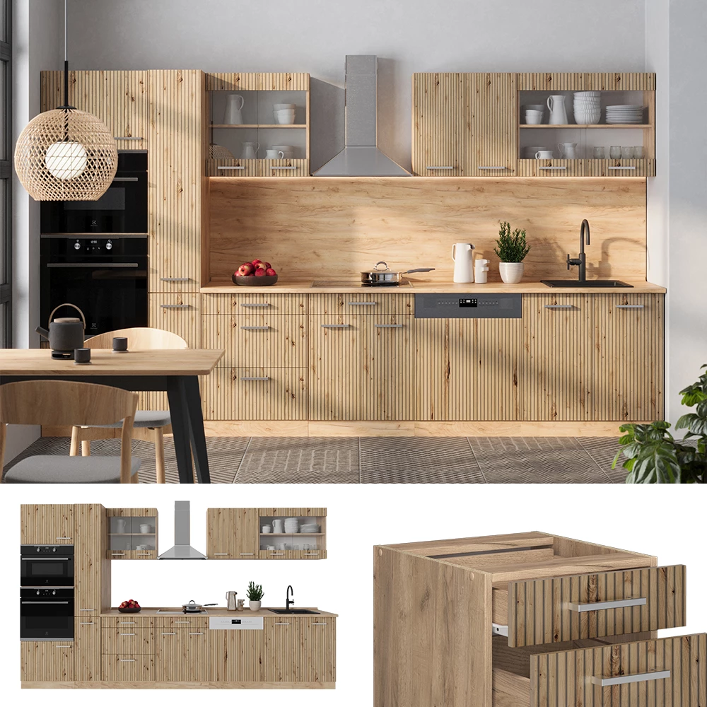 Küchenzeile in Artisan-Eiche/Goldkraft Eiche, dargestellt im Ambiente und auf weißem Hintergrund