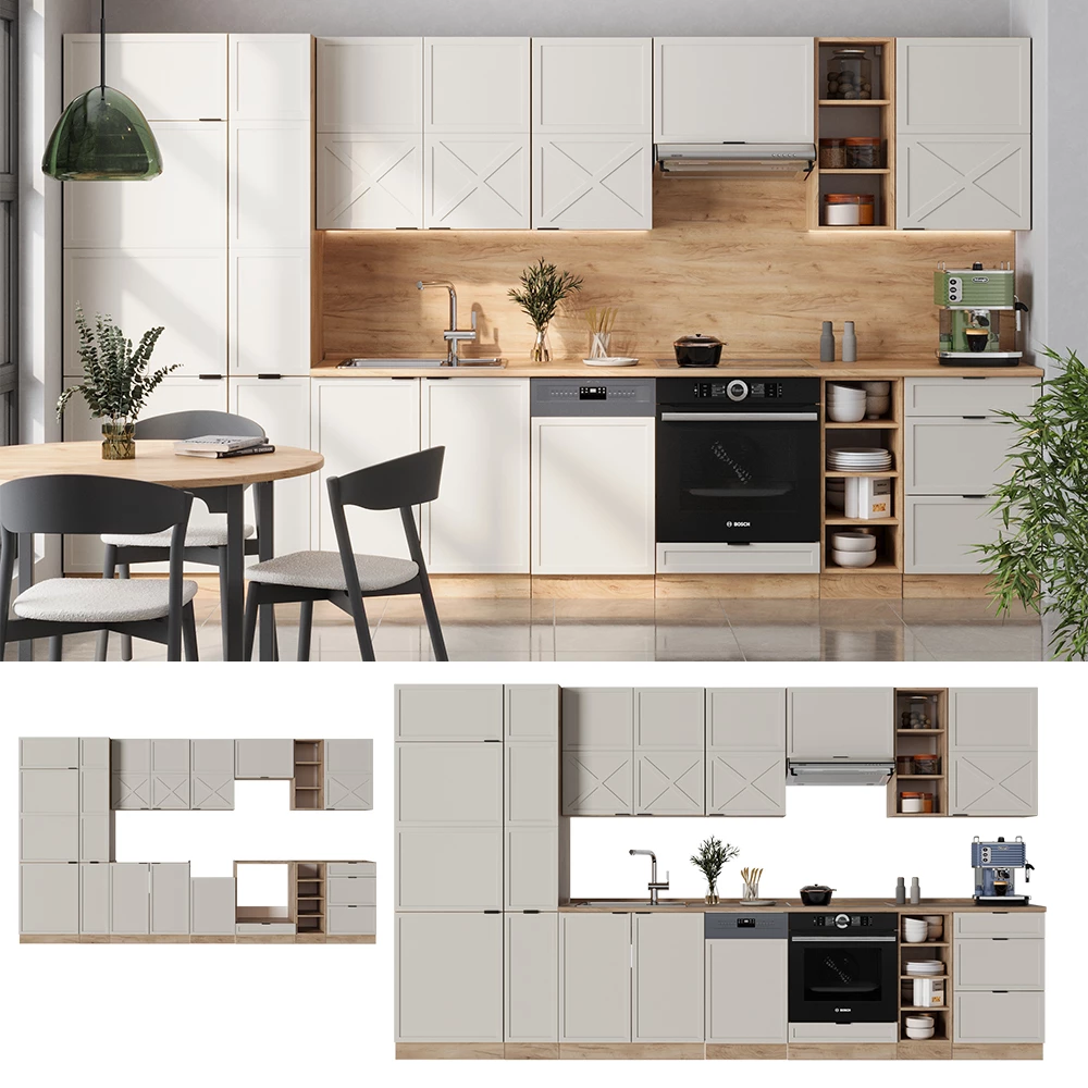 Küchenzeile in GrauBeige/Goldkraft Eiche, dargestellt im Ambiente und auf weißem Hintergrund