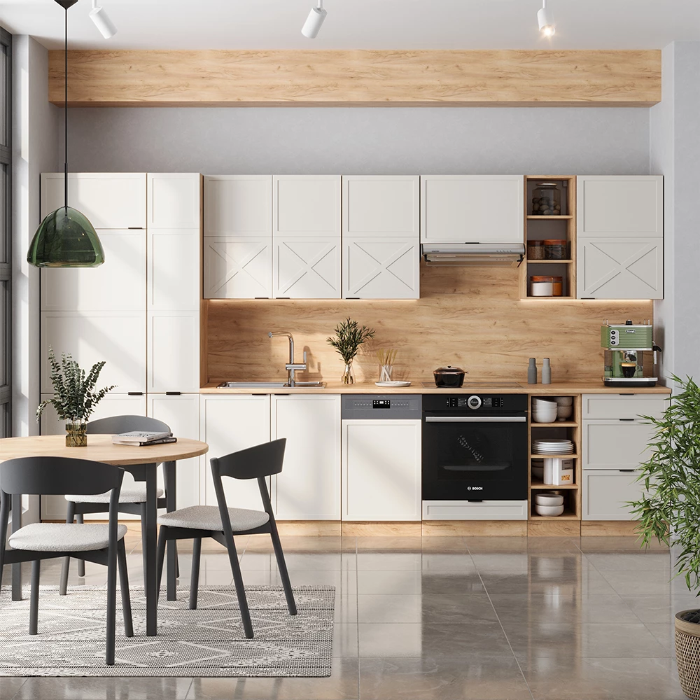 Čajna kuhinja u boji GrauBeige/Goldkraft Eiche na bijeloj pozadini