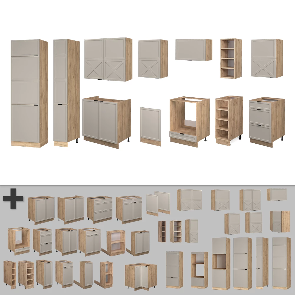 Nahaufnahme von Küchenzeile in GrauBeige/Goldkraft Eiche, zeigt Design- und Oberflächendetails