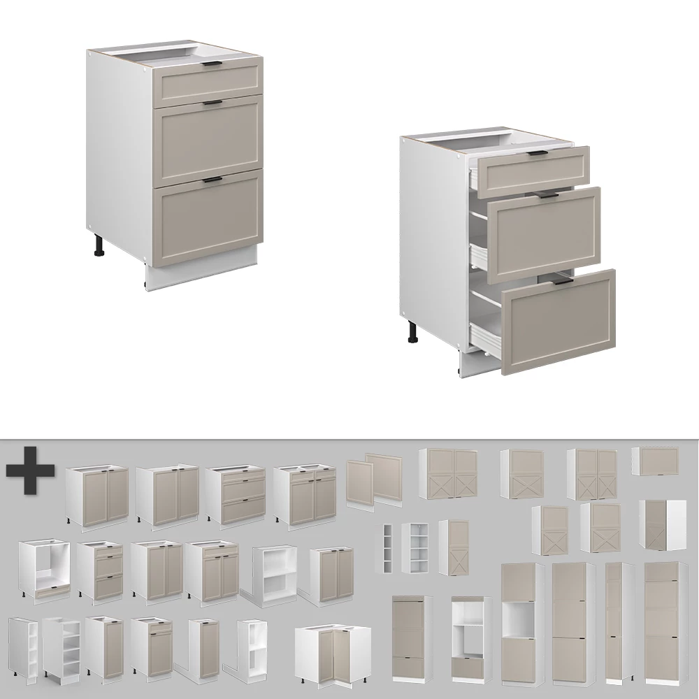 Nahaufnahme von Schubladenunterschrank in GrauBeige, zeigt Design- und Oberflächendetails