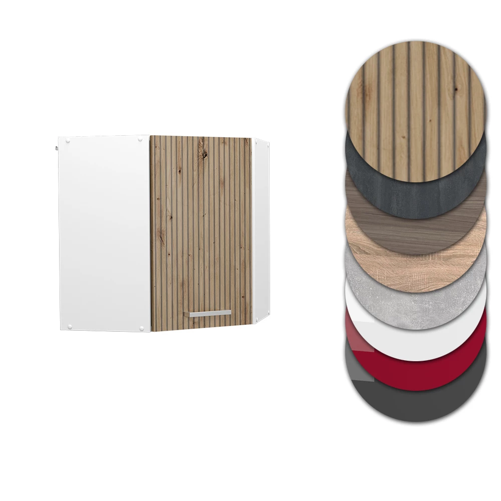 Nahaufnahme von Eckhängeschrank in Artisan-Eiche, zeigt Design- und Oberflächendetails