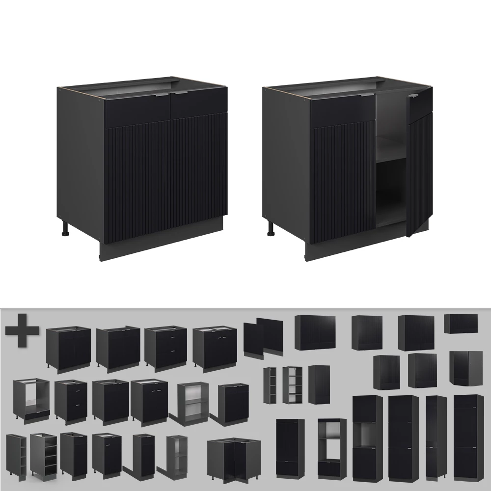 Nahaufnahme von Spülenunterschrank in Schwarz gestreift, zeigt Design- und Oberflächendetails