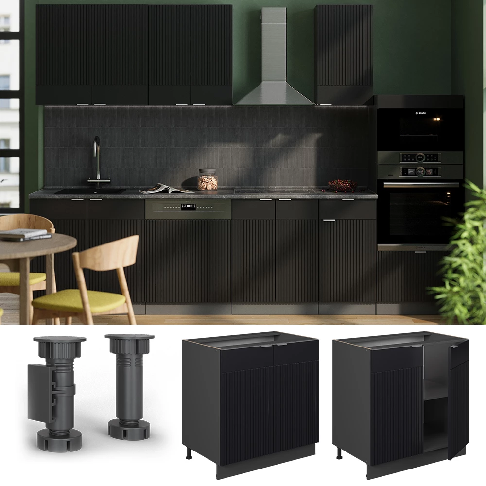 Spülenunterschrank in Schwarz gestreift, dargestellt im Ambiente mit Dekoration