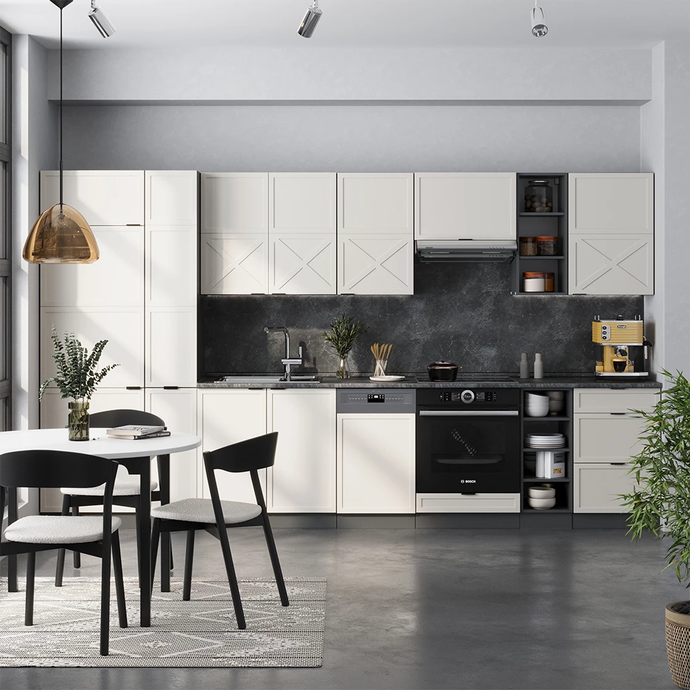 Complete keukeneenheid in Grijs/beige/antraciet op een witte achtergrond