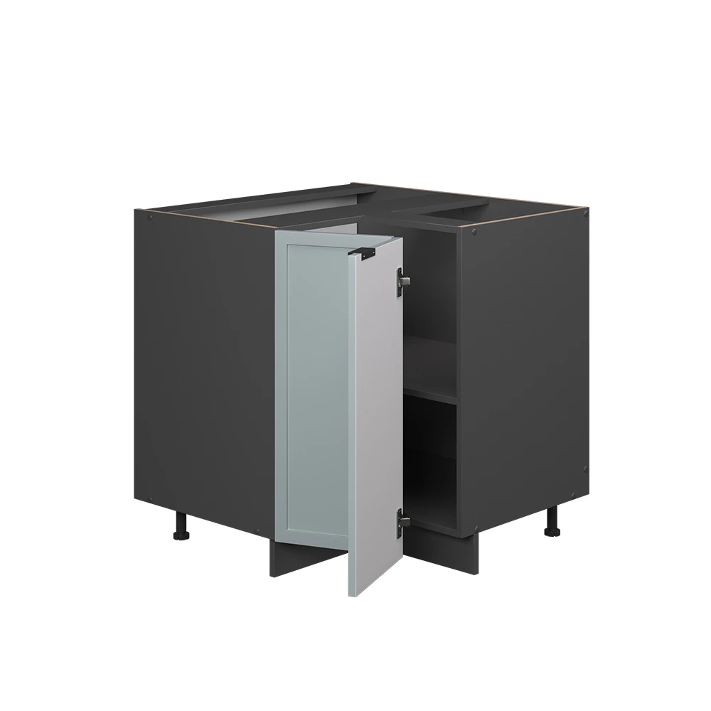 Nahaufnahme von Eckunterschrank in Hellblau-grau, zeigt Textur/Details