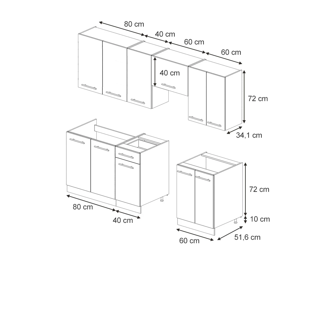 Cuisine en GrisBeige/Anthracite sur fond blanc avec dimensions visibles