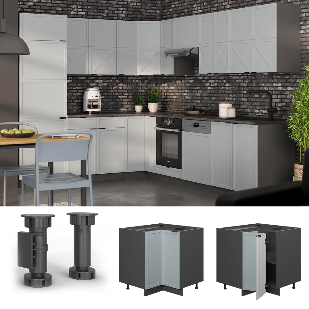 Eckunterschrank in Hellblau-grau, dargestellt im Ambiente mit Dekoration