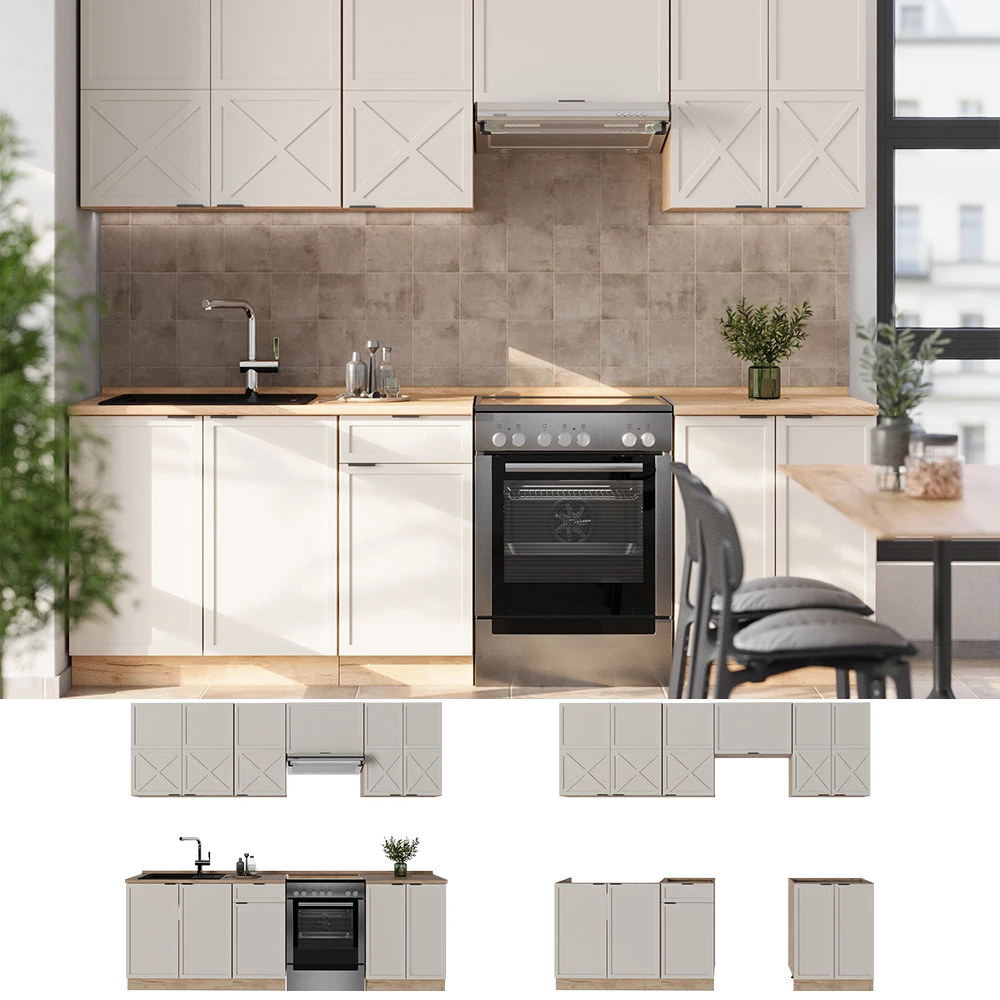 Cucina componibile in Grigio/beige/rovere dorato, shown in ambient setting and on white background