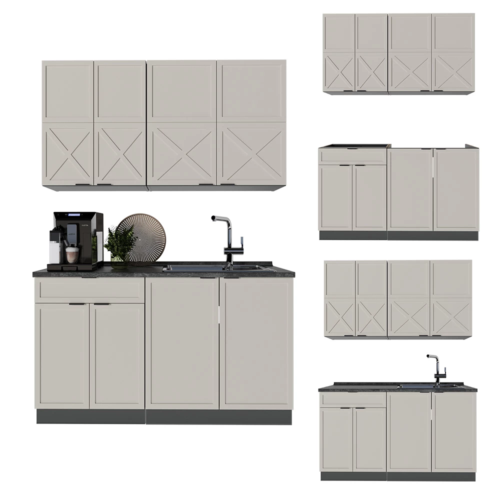 Cuisine en GrisBeige/Anthracite sur fond blanc avec des éléments décoratifs
