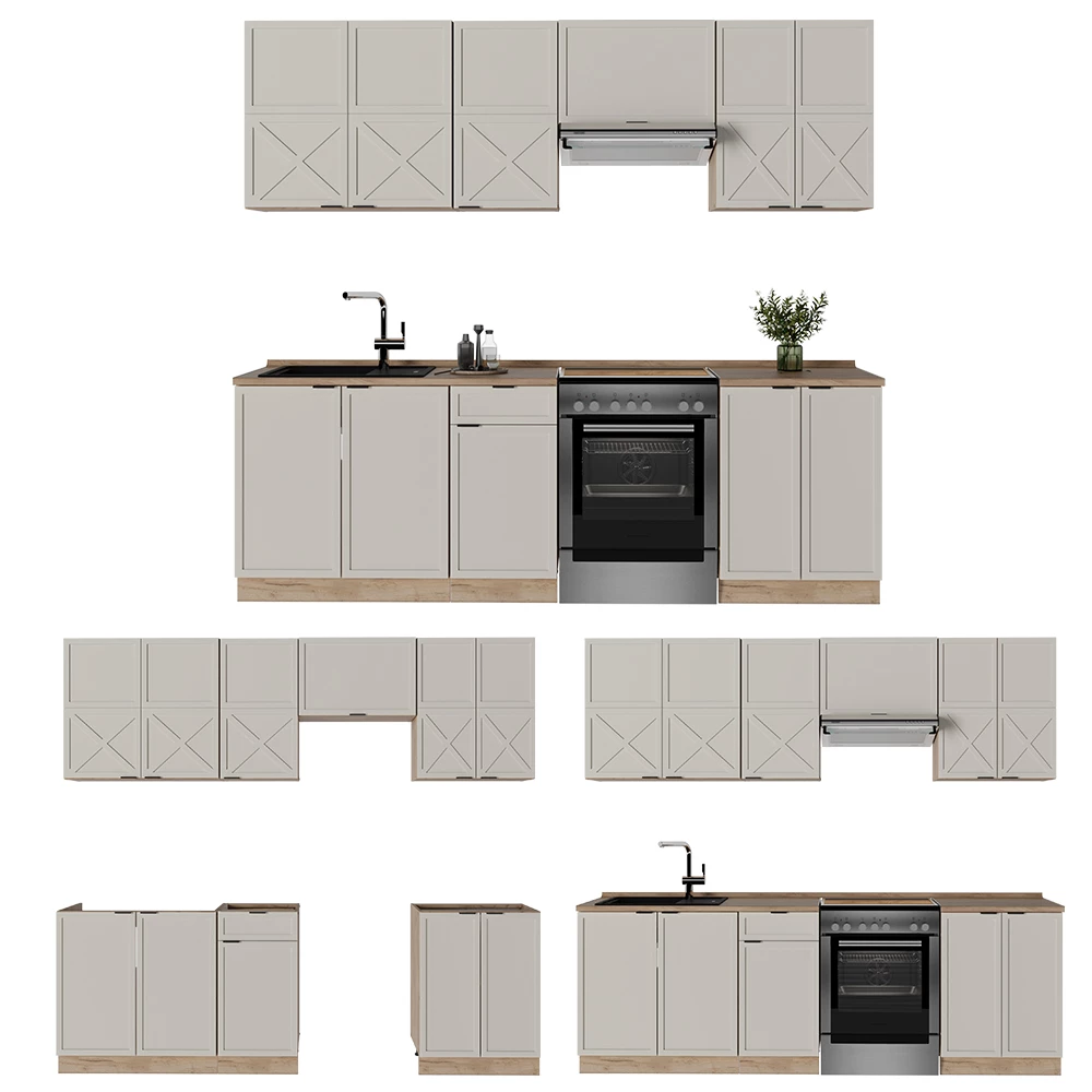 Cucina componibile in Grigio/beige/rovere dorato on white background with decorative elements