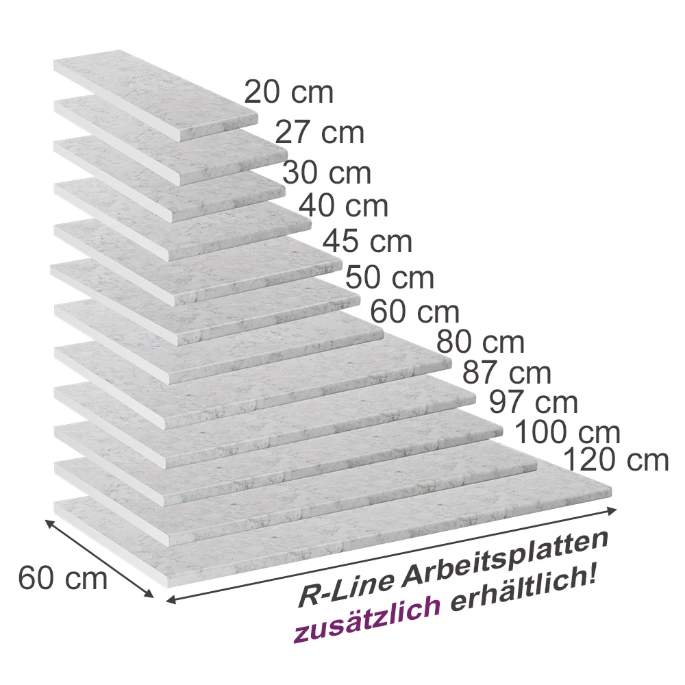 Küchenarbeitsplatte in Weiß/Marmor auf weißem Hintergrund mit sichtbaren Maßen