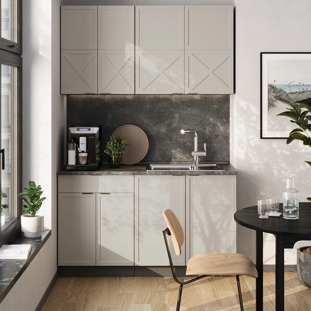 Jednokrevetna kuhinja u boji GrauBeige/Anthrazit na bijeloj pozadini