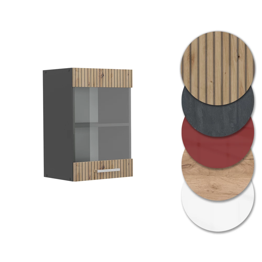Nahaufnahme von Küchenglasschrank in Artisan-Eiche, zeigt Design- und Oberflächendetails