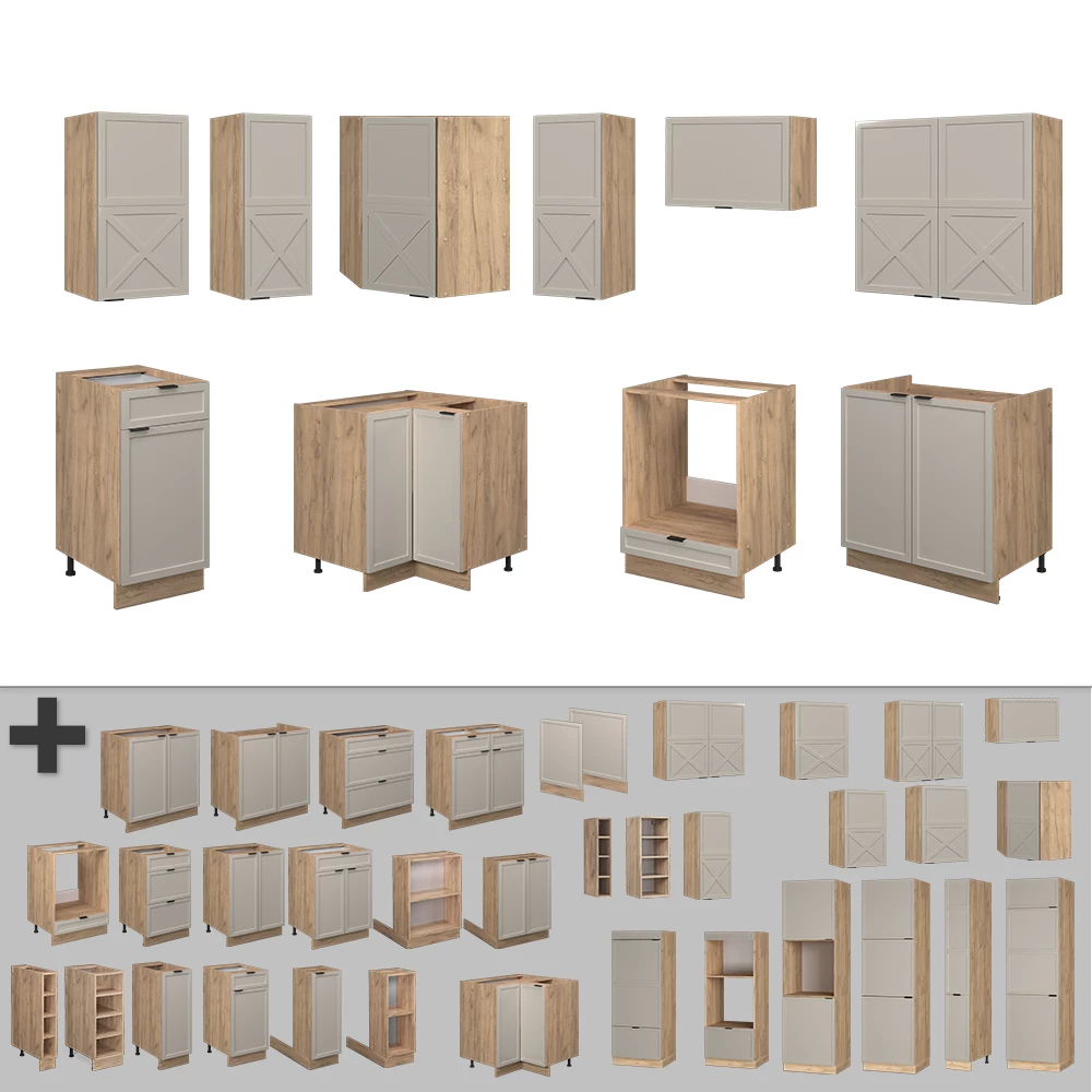 Nahaufnahme von Eckküche in GrauBeige/Goldkraft Eiche, zeigt Design- und Oberflächendetails