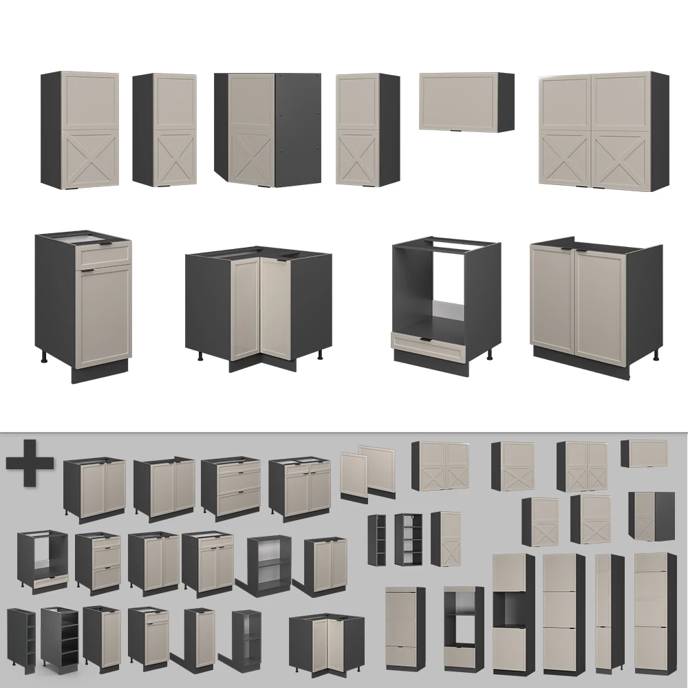 Gros plan de Cuisine en angle en GrisBeige/Anthracite, montrant le design et les détails de surface