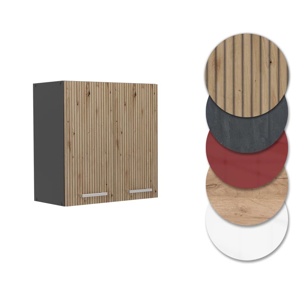 Nahaufnahme von Hängeschrank in Artisan-Eiche, zeigt Design- und Oberflächendetails