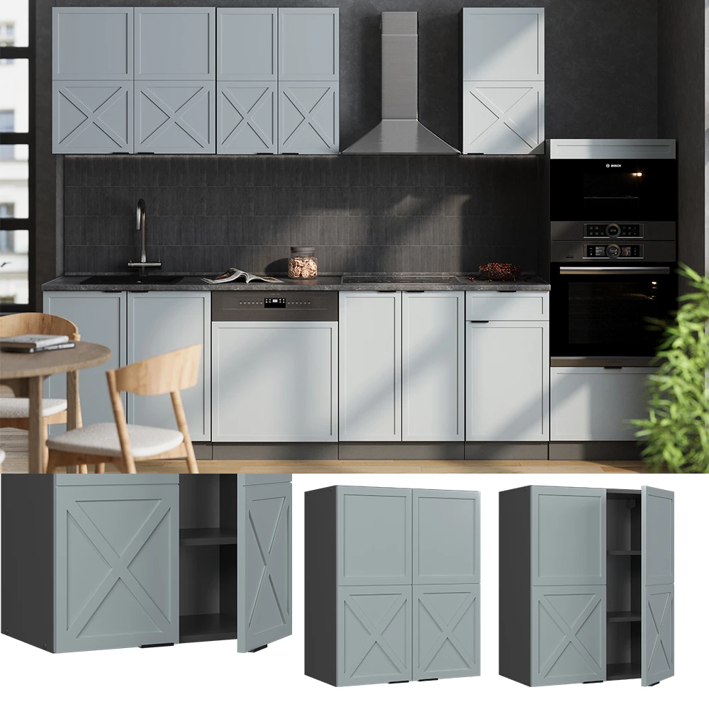 Armario colgante en Azul claro-gris, mostrado en un entorno ambiental y sobre fondo blanco