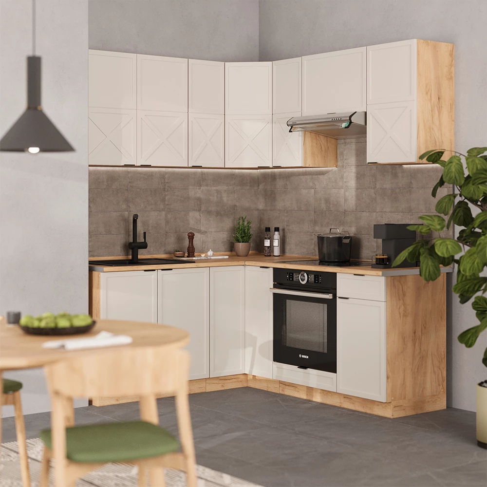 Ugaona kuhinja u boji GrauBeige/Goldkraft Eiche na bijeloj pozadini