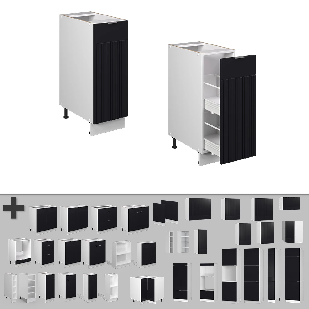 Nahaufnahme von Apothekerunterschrank in Schwarz gestreift, zeigt Design- und Oberflächendetails