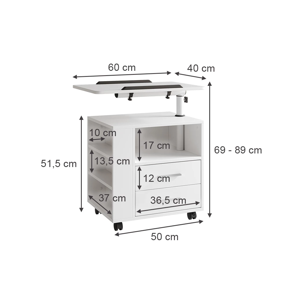 Nachttisch in Weiß auf weißem Hintergrund mit sichtbaren Maßen