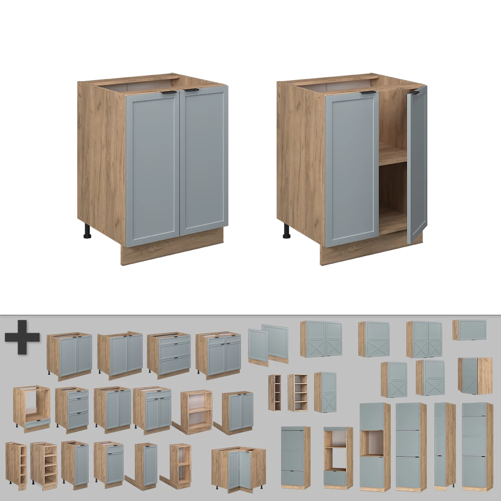 Nahaufnahme von Küchenunterschrank in Hellblau-grau, zeigt Design- und Oberflächendetails