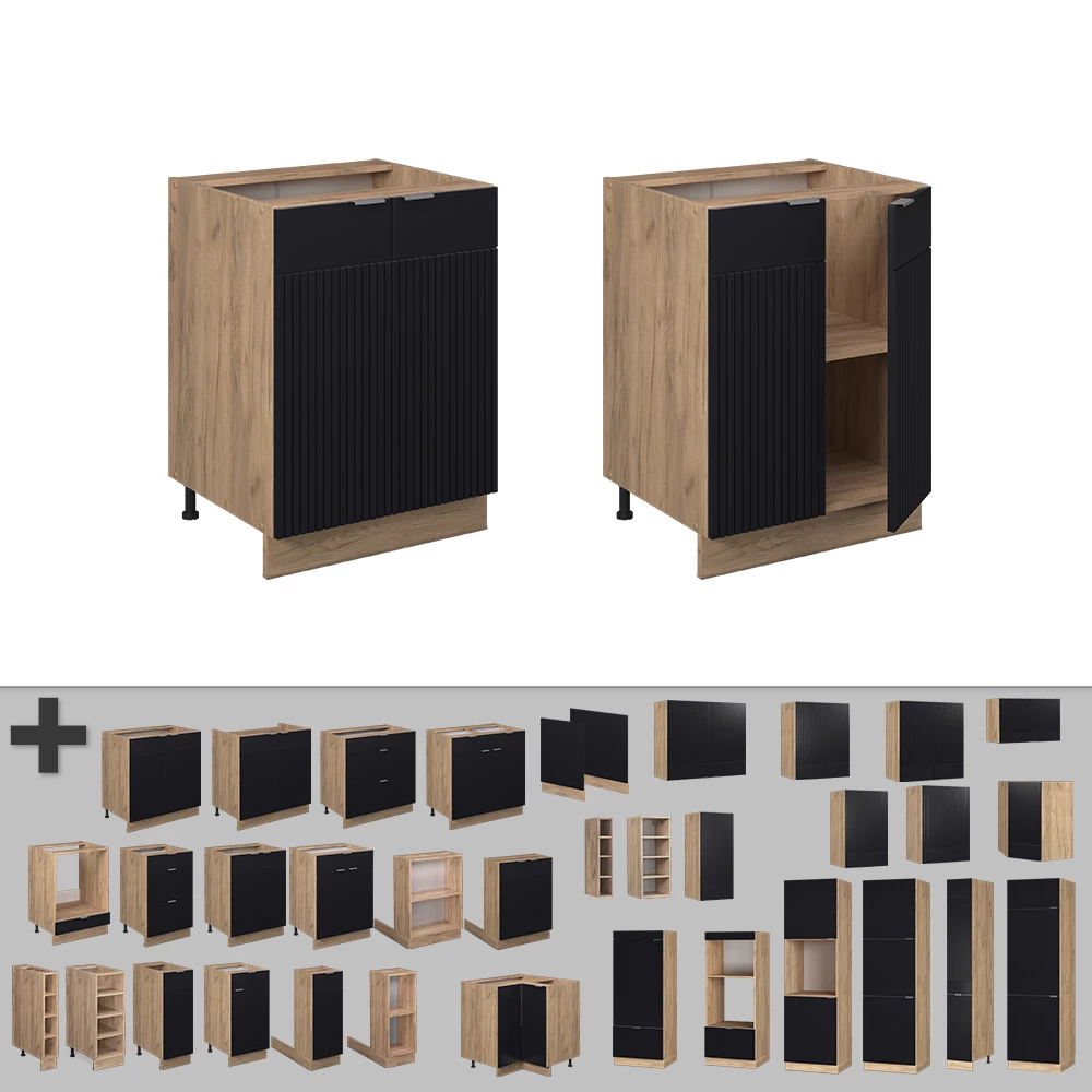Nahaufnahme von Küchenunterschrank in Schwarz gestreift, zeigt Design- und Oberflächendetails