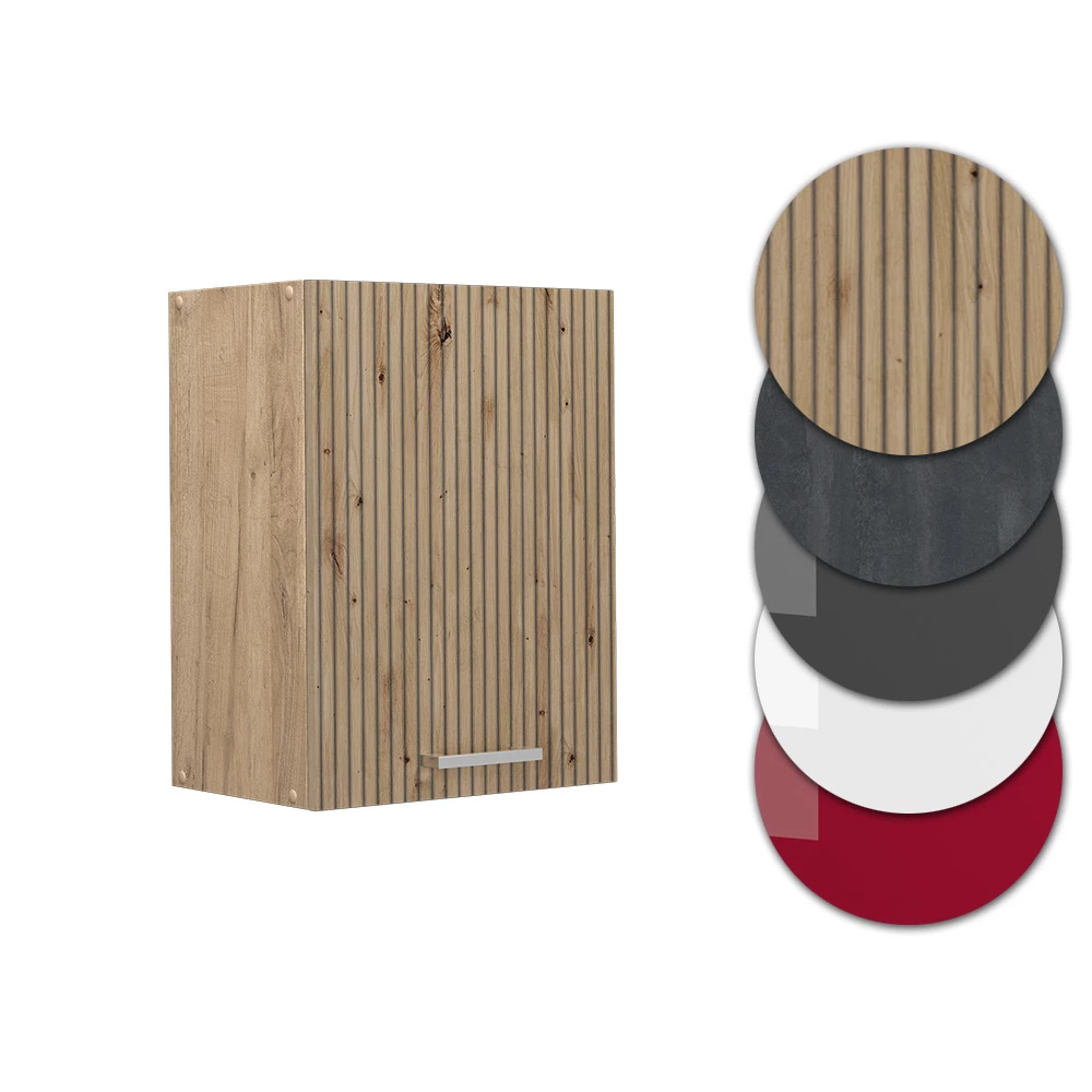 Nahaufnahme von Hängeschrank in Artisan-Eiche, zeigt Design- und Oberflächendetails