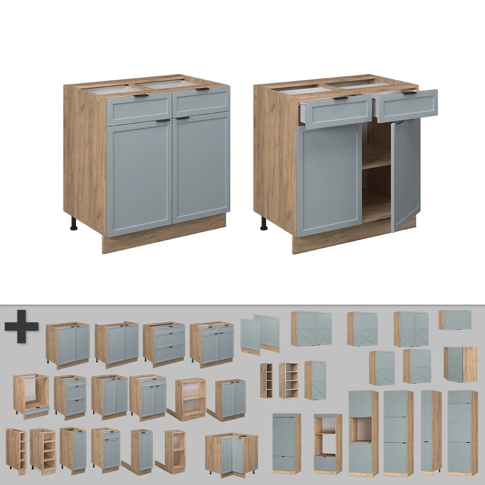 Nahaufnahme von Küchenunterschrank in Hellblau-grau, zeigt Design- und Oberflächendetails