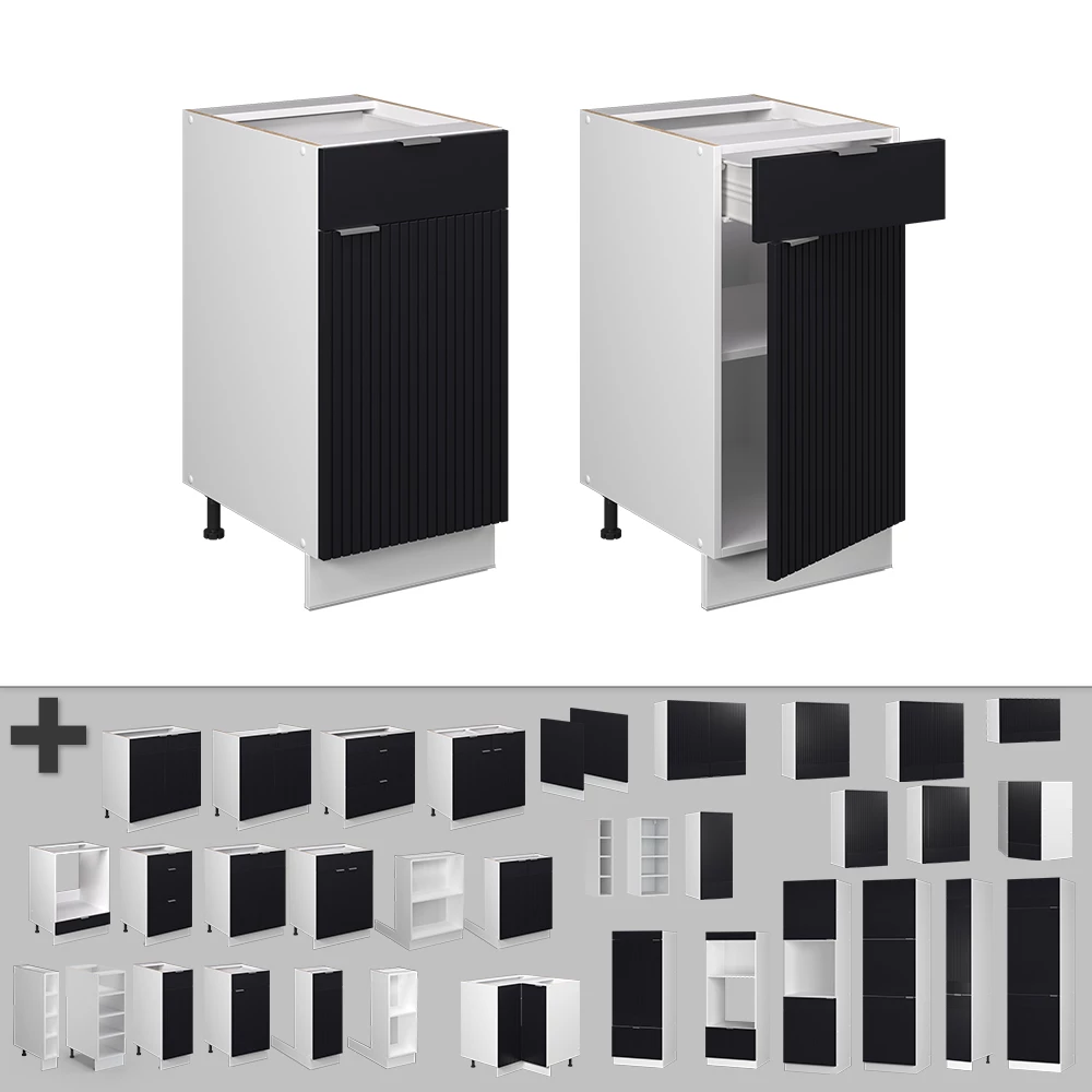 Nahaufnahme von Schubunterschrank in Schwarz gestreift, zeigt Design- und Oberflächendetails